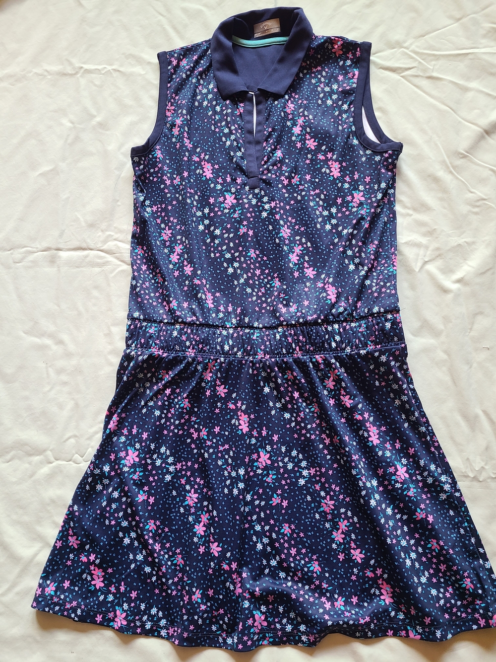 Callaway Navy Floral Sleeveless Polo Dress with Pink and Light Blue Accents